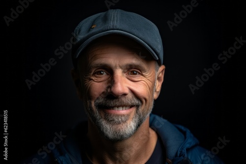Close-up portrait photography of a satisfied mature man wearing a cool cap or hat against a deep indigo background. With generative AI technology © Markus Schröder