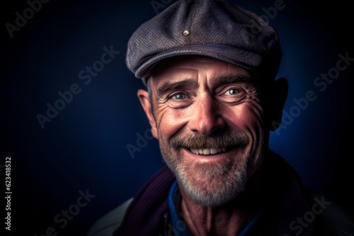 Close-up portrait photography of a satisfied mature man wearing a cool cap or hat against a deep indigo background. With generative AI technology