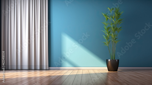 Elegant Harmony  Modern Blue Room with Wood Laminate Floor  Sunlight  and Green Plant Accents