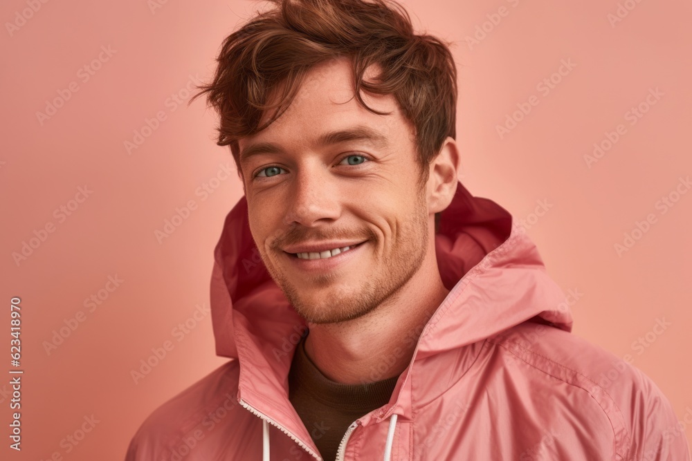 Close-up portrait photography of a glad boy in his 30s wearing a lightweight windbreaker against a peachy pink background. With generative AI technology