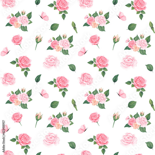beautiful watercolor seamless pattern with pink pastel roses, leaves and butterfly. Illustration for fabric, textile, wrapping paper, shop