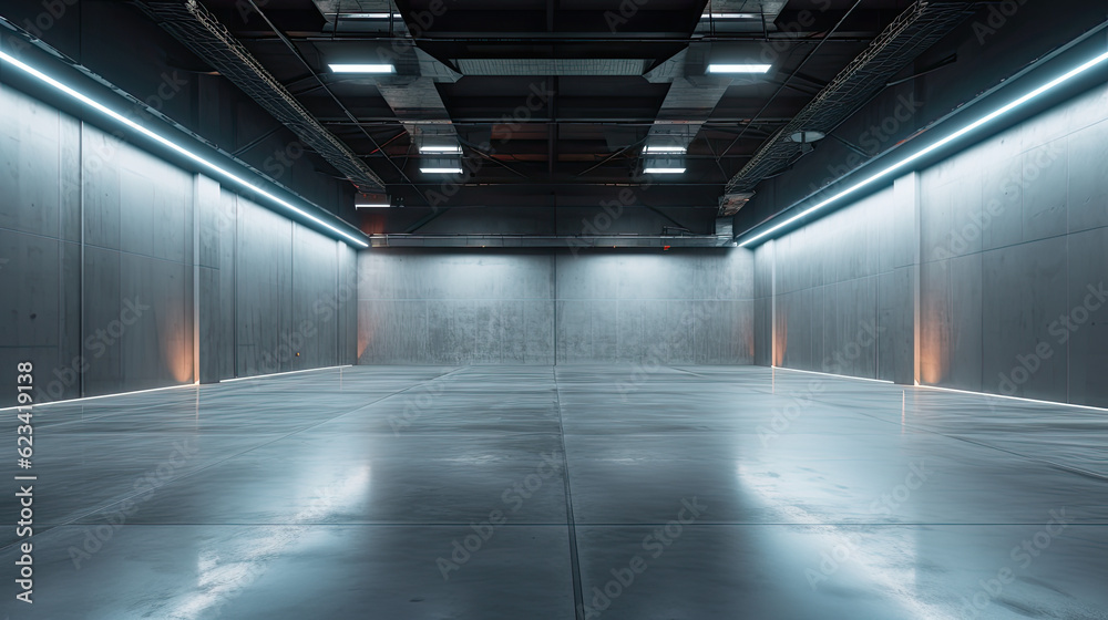 Contemporary Industrial Space: Empty Hall with Striking LED Lights, Grey Walls, and Polished Concrete Floor