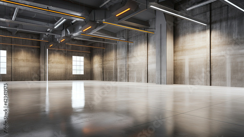 Industrial Elegance: Empty Hall with LED Lights, Grey Walls, and Glossy Concrete Floor