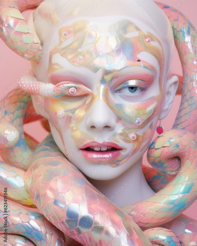 Beautiful blonde woman girl, bizarre surreal mystical portrait. Glass glowing iridescent flower snake, transparent white silver, diamonds and lights. Futuristic and robot like.