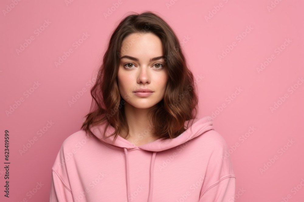 Medium shot portrait photography of a beautiful girl in her 30s wearing a comfortable hoodie against a hot pink background. With generative AI technology Medium shot portrait photography of a beautiful girl in her 30s wearing a comfortable hoodie against a hot pink background. With generative AI technology