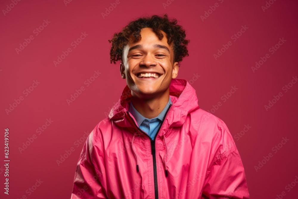 Medium shot portrait photography of a grinning boy in his 30s wearing a lightweight windbreaker against a hot pink background. With generative AI technology Medium shot portrait photography of a grinning boy in his 30s wearing a lightweight windbreaker against a hot pink background. With generative AI technology