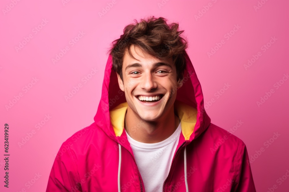 Medium shot portrait photography of a happy boy in his 20s wearing a cozy zip-up hoodie against a hot pink background. With generative AI technology Medium shot portrait photography of a happy boy in his 20s wearing a cozy zip-up hoodie against a hot pink background. With generative AI technology