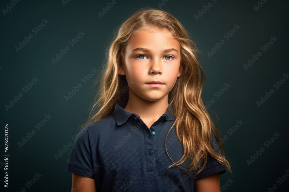 Environmental portrait photography of a tender kid female wearing a sporty polo shirt against a navy blue background. With generative AI technology Environmental portrait photography of a tender kid female wearing a sporty polo shirt against a navy blue background. With generative AI technology