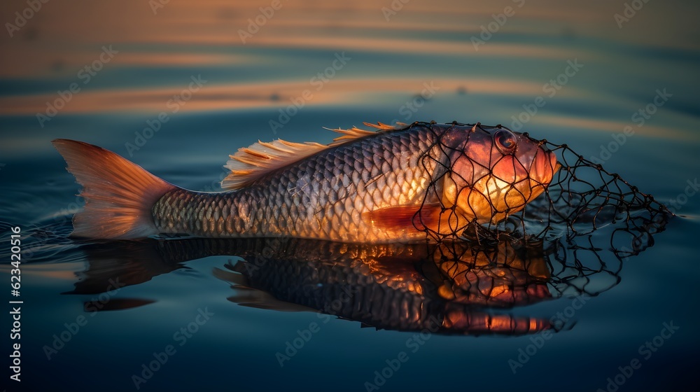 Bloated, dead, poisoned fish lies on the river bank, sunset pink ...