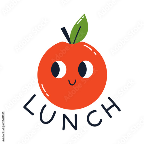Vector sticker with cute smiling apple and text lunch. Kawaii design for children and kids. School lunch concept. Funny apple with face.
