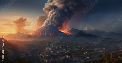 Erupting volcano spewing pyroclasts in the sky, city in danger, town view from far, lava. View of the Cumbre Vieja Volcano with a column of smoke and lava coming out of the main cone, AI Generated photo