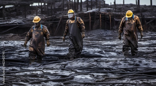 Workers inspecting tailing oil ponds with protective gear, pollution. Chemists inspecting the contaminated shale deposits. AI Generated photo