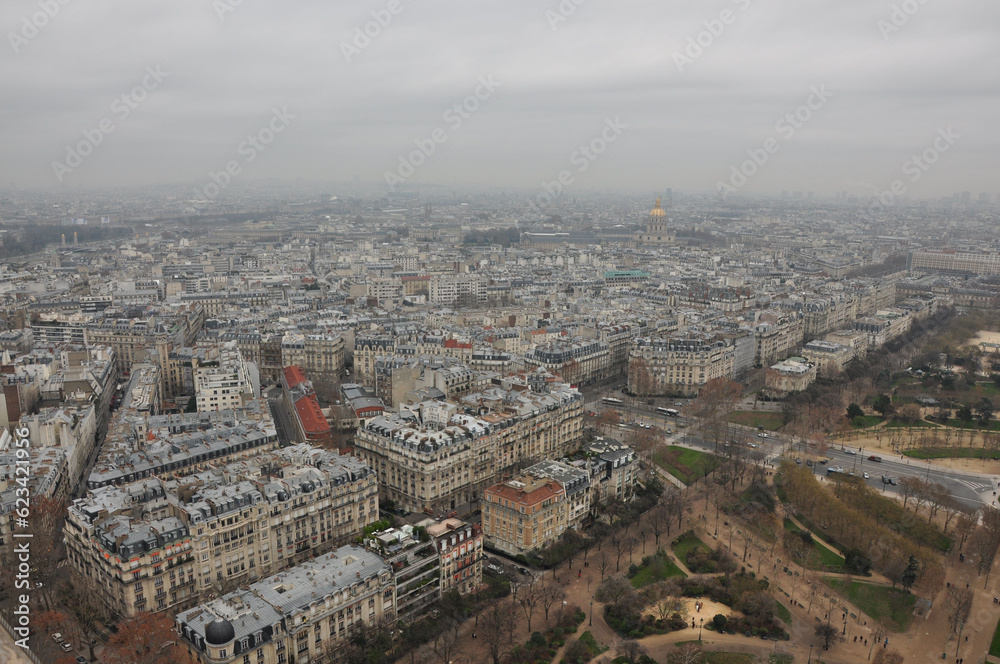 Scenic View over Paris on a hazy day. Paris, France.