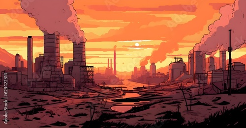 Vector digital illustration of industrial landscape in post-apocaliptic  animated  realistic style. Heavy industry pollutes  factory  ecology catastrophe. Dirty air smog  AI Generated