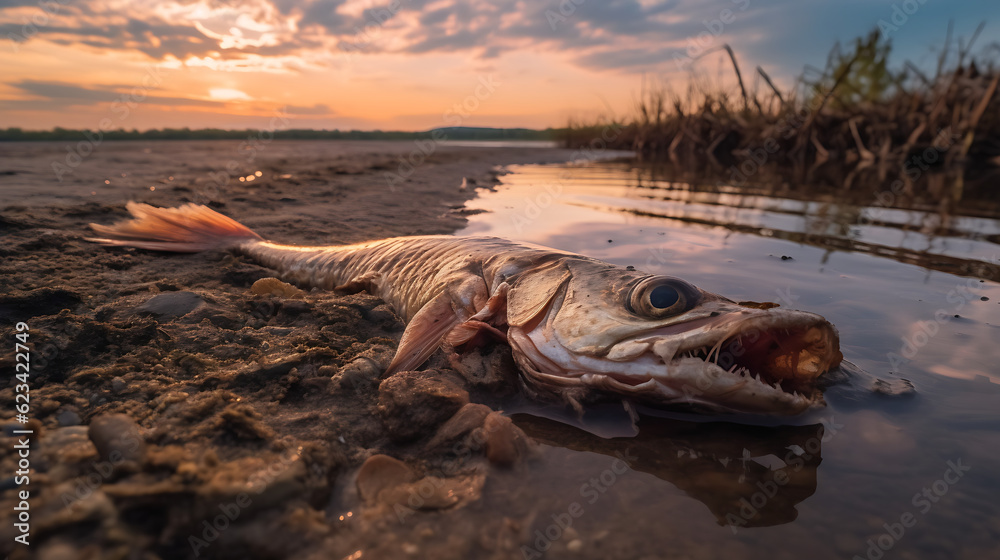 Bloated, dead, poisoned fish lies on the river bank, sunset pink background, trapped, stuck in rubbiекю Environmental pollution. The impact of toxic emissions in the aquatic environment, AI Generated