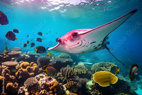 Fototapeta manta ray gliding through coral reef