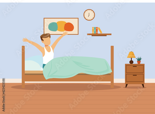 Wake up man and waking up at 7 am, Wake-Up Morning at 7 O'clock at Morning Time Wake up from Bed, Waking up from Sleep, Sleeping till 7am, Yawning person. Wake-up early morning and Yawning for Office