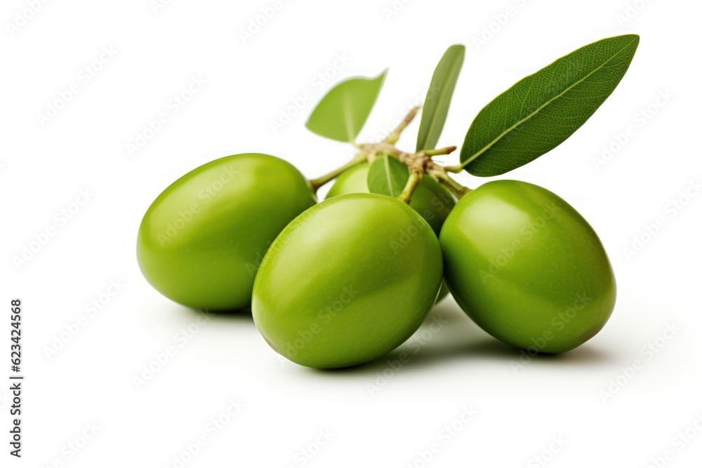 Obraz premium Green olives with leaves on white background. AI generated