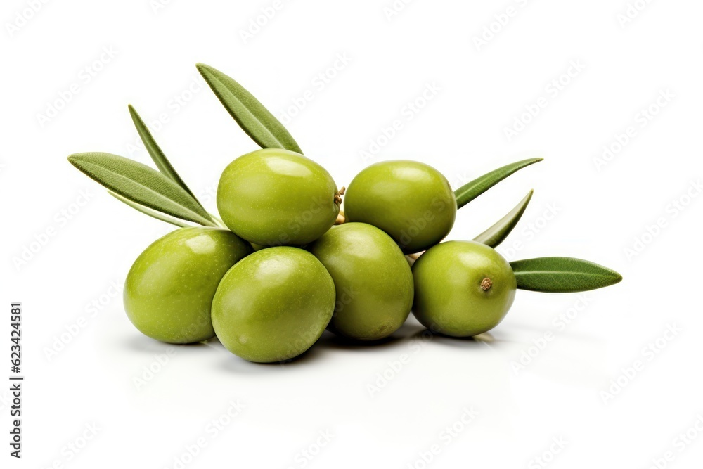 Green olives with leaves on white background. AI generated Green olives with leaves on white background. AI generated