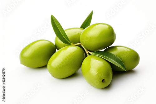 Wallpaper Mural Green olives with leaves on white background. AI generated Torontodigital.ca