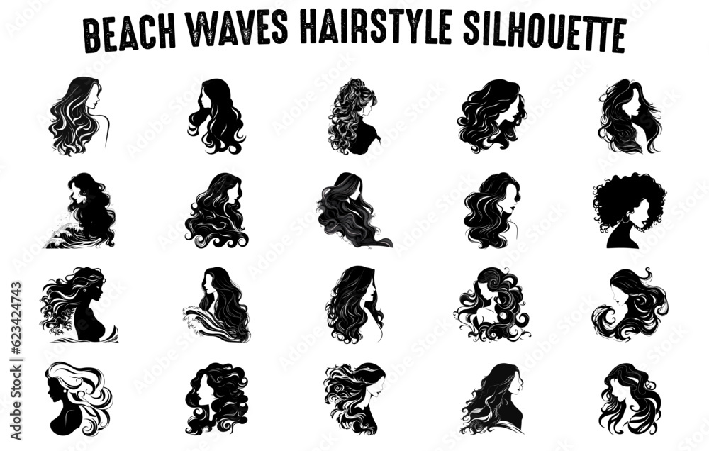 Beach waves Silhouettes Vector set, Girl's hairstyles Silhouettes, women's hair silhouette collection, Hair black silhouettes illustration