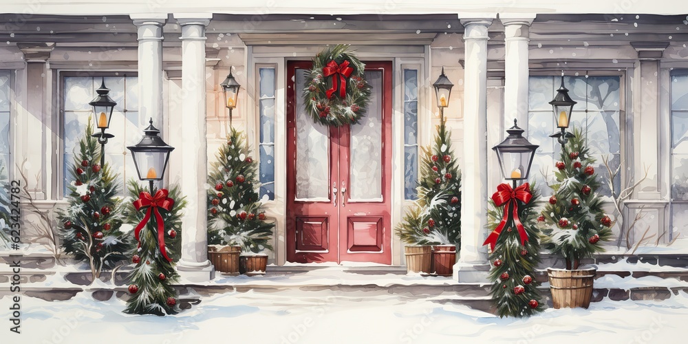 Fototapeta premium AI Generated. AI Generative. Xmas merry christmas new year decoration decor background of house home front door porch with garland and holiday decor. Winter family celebration vibe. Graphic Art