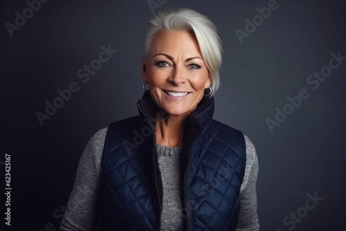 Medium shot portrait photography of a happy mature woman wearing a fashionable vest against a navy blue background. With generative AI technology