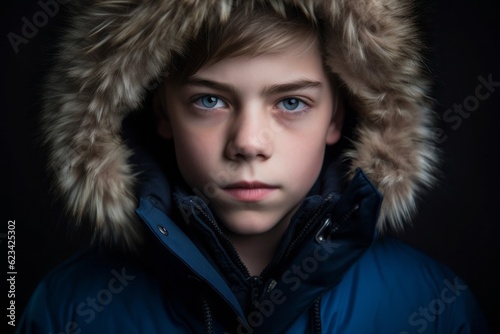 Close-up portrait photography of a tender boy in his 20s wearing a warm parka against a navy blue background. With generative AI technology