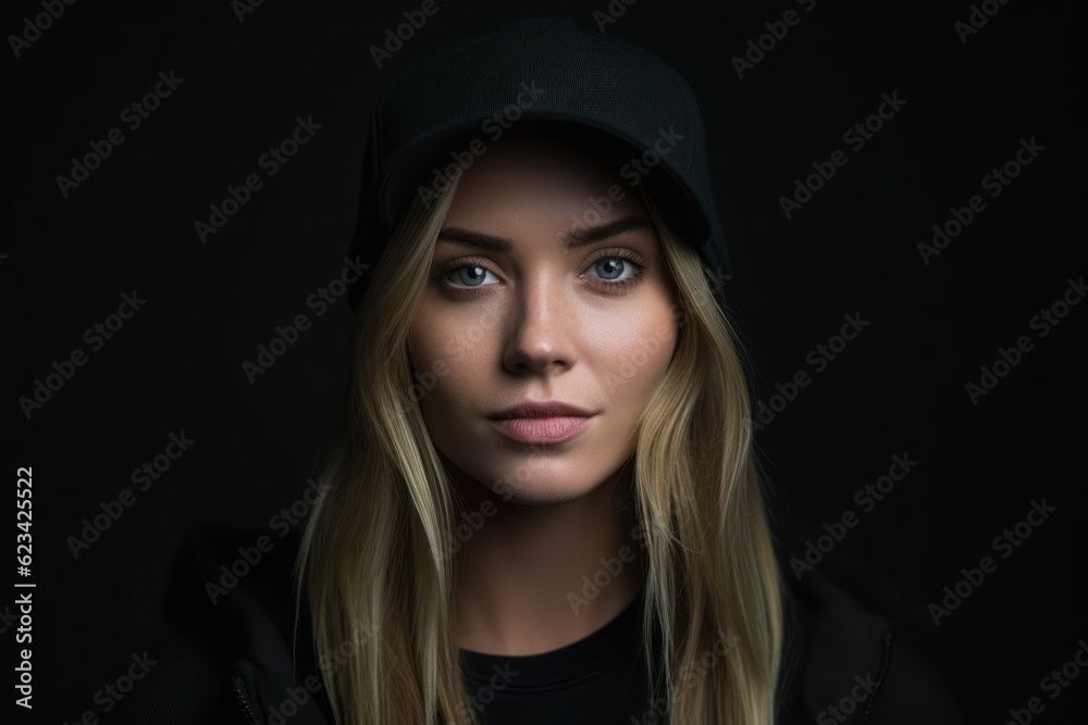 Close-up portrait photography of a glad girl in her 30s wearing a cool cap or hat against a matte black background. With generative AI technology Close-up portrait photography of a glad girl in her 30s wearing a cool cap or hat against a matte black background. With generative AI technology