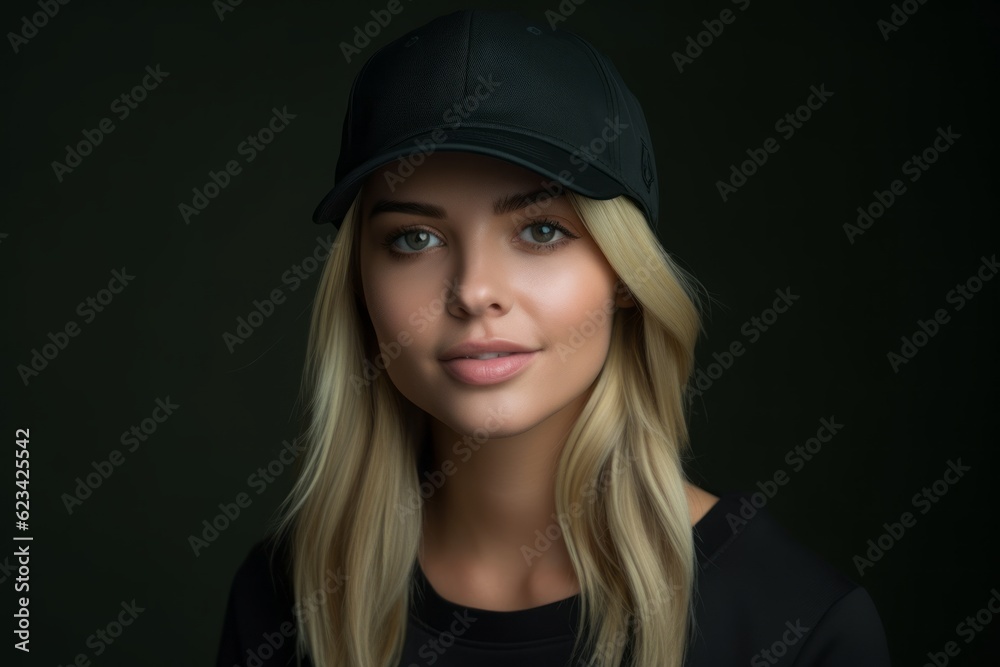 Close-up portrait photography of a glad girl in her 30s wearing a cool cap or hat against a matte black background. With generative AI technology Close-up portrait photography of a glad girl in her 30s wearing a cool cap or hat against a matte black background. With generative AI technology