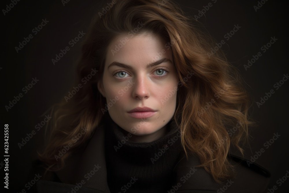 Close-up portrait photography of a satisfied girl in her 30s wearing a versatile overcoat against a matte black background. With generative AI technology