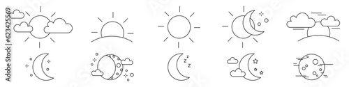 Collection of rising or setting sun, moon phases, clouds and stars icons. Bundle of day and night time pictograms drawn with black contour lines on white background.