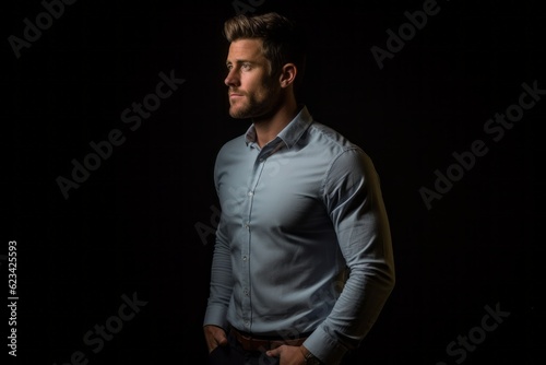 Lifestyle portrait photography of a glad boy in his 30s wearing an elegant long-sleeve shirt against a matte black background. With generative AI technology