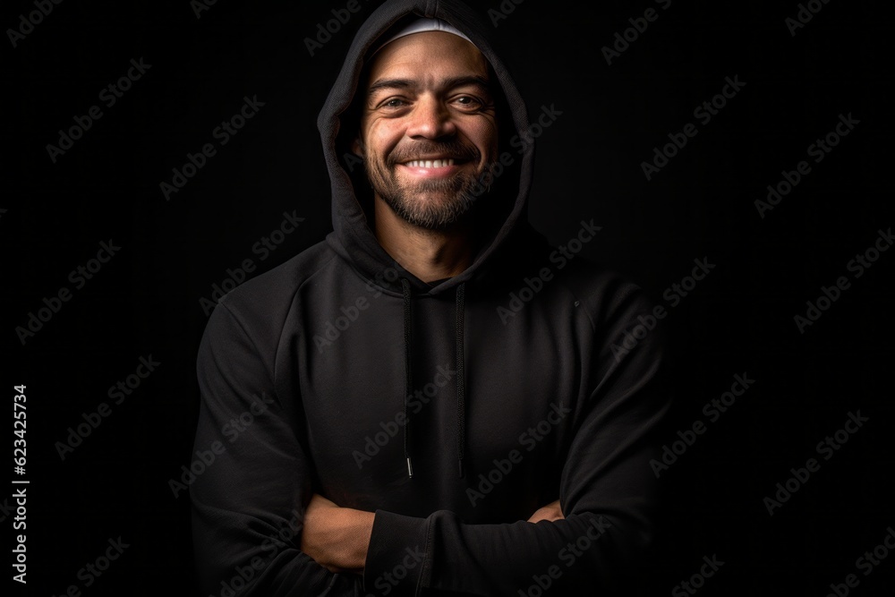 Environmental portrait photography of a glad boy in his 30s wearing a comfortable hoodie against a matte black background. With generative AI technology