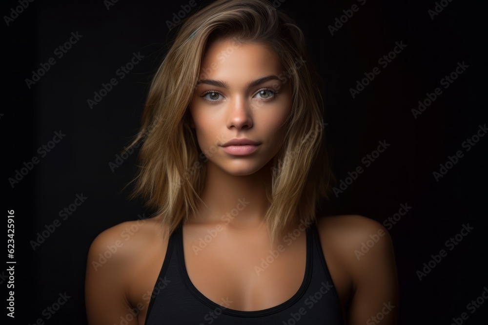 Close-up portrait photography of a glad girl in her 20s wearing a sporty tank top against a matte black background. With generative AI technology Close-up portrait photography of a glad girl in her 20s wearing a sporty tank top against a matte black background. With generative AI technology