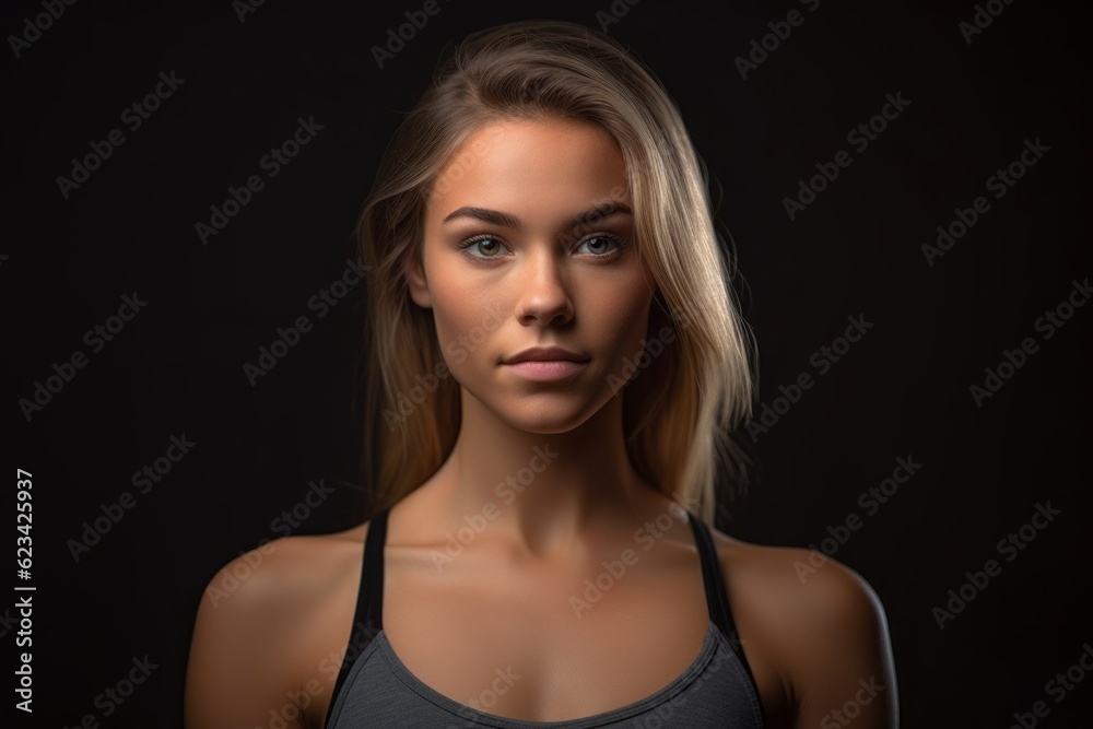 Close-up portrait photography of a glad girl in her 20s wearing a sporty tank top against a matte black background. With generative AI technology Close-up portrait photography of a glad girl in her 20s wearing a sporty tank top against a matte black background. With generative AI technology
