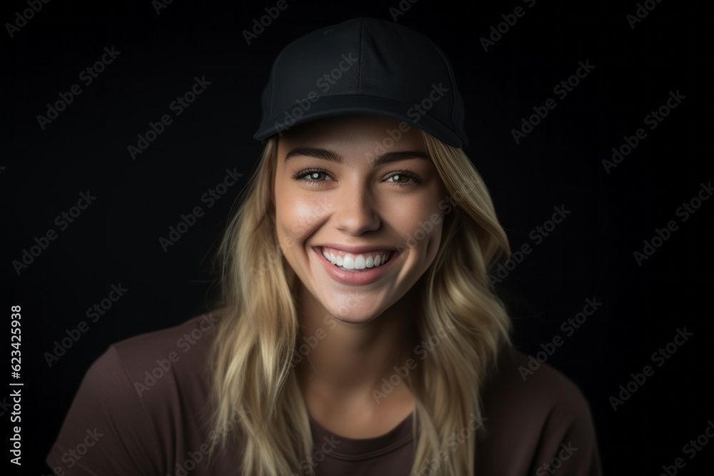 Conceptual portrait photography of a happy girl in her 20s wearing a cool cap or hat against a matte black background. With generative AI technology Conceptual portrait photography of a happy girl in her 20s wearing a cool cap or hat against a matte black background. With generative AI technology