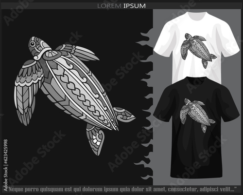 Monochrome sea turtle mandala arts isolated on black and white t shirt.