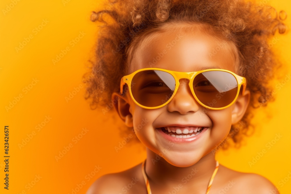 Close-up portrait photography of a happy kid female wearing a cute swimsuit and trendy sunglasses against a bright yellow background. With generative AI technology Close-up portrait photography of a happy kid female wearing a cute swimsuit and trendy sunglasses against a bright yellow background. With generative AI technology