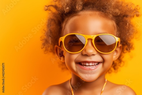 Close-up portrait photography of a happy kid female wearing a cute swimsuit and trendy sunglasses against a bright yellow background. With generative AI technology