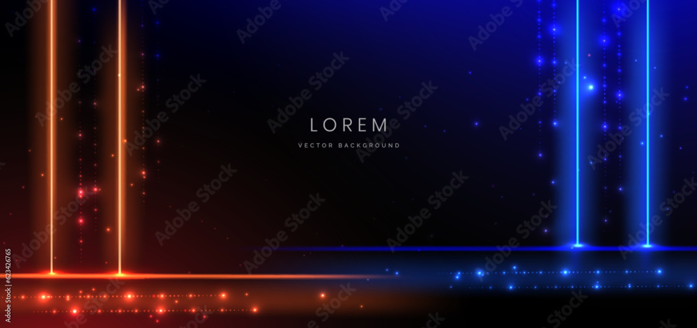 Obraz premium Abstract technology futuristic glowing neon blue and orange light ray on dark blue background with lighting effect.