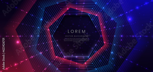 Abstract technology futuristic glowing neon blue and red hexagon light lines with speed motion moving on dark blue background.