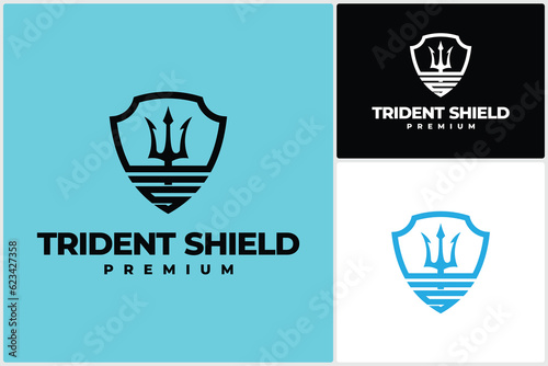 Luxury Trident with Shield King Poseidon Icon Symbol Logo Vector Design