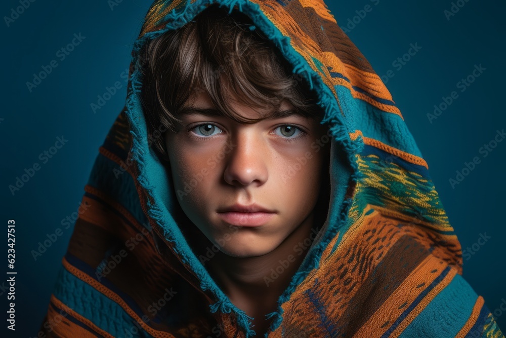 Close-up portrait photography of a tender boy in his 30s wearing a unique poncho against a teal blue background. With generative AI technology