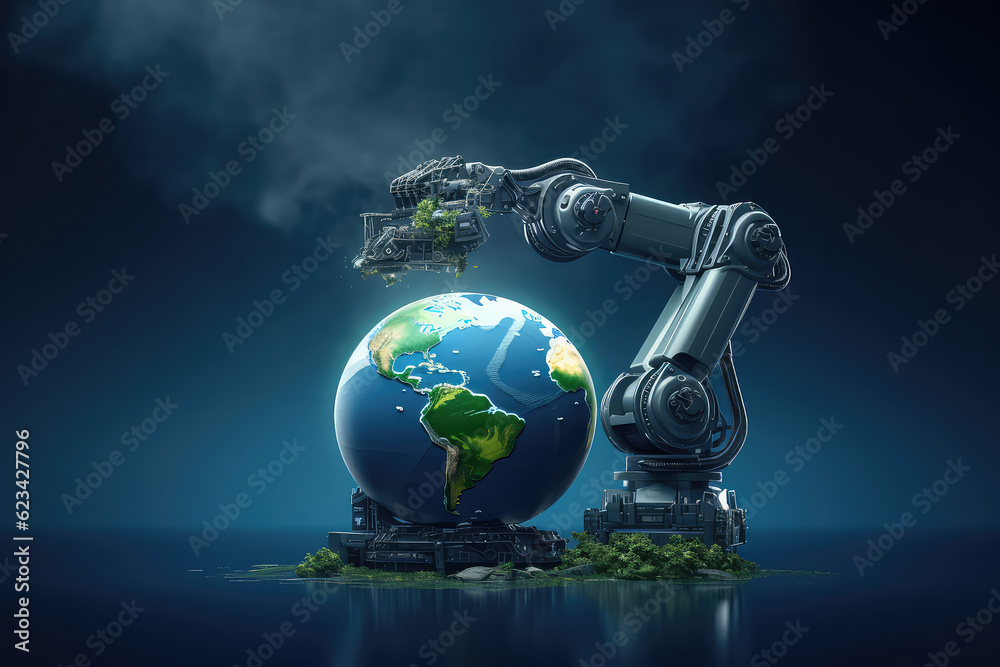 Fototapeta premium Welding robotic arms holding the earth ball. Creative concept of technological progress, development of technology global Isolated on blue background, copy space. Generative AI 3d render illustration.