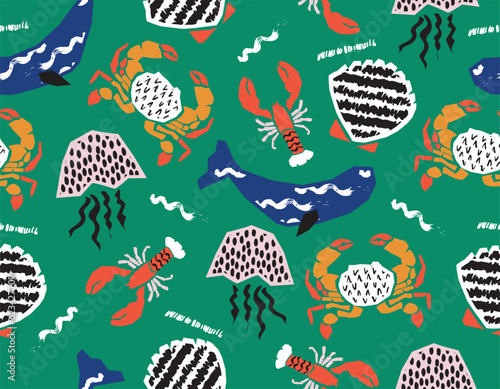 Trendy Colourful Paper cutouts , Hand drawn modern design Seamless pattern with Texture