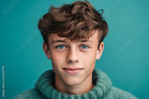 Close-up portrait photography of a glad boy in his 20s wearing a cozy sweater against a teal blue background. With generative AI technology