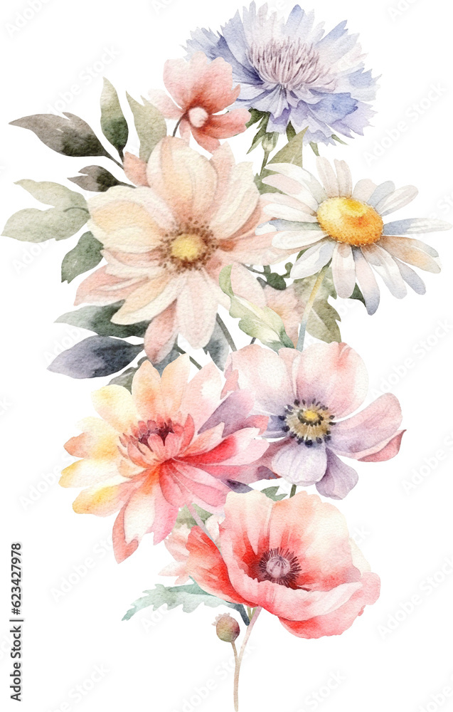 Watercolour flower bouquet illlustration created with Generative AI technology