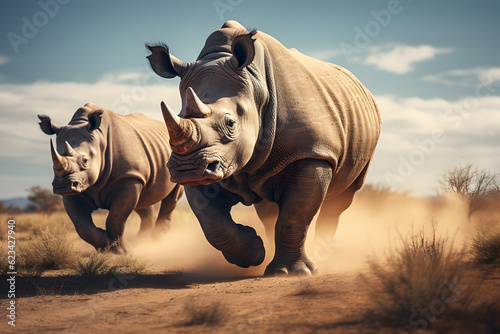 Running rhinoceros in nature photo