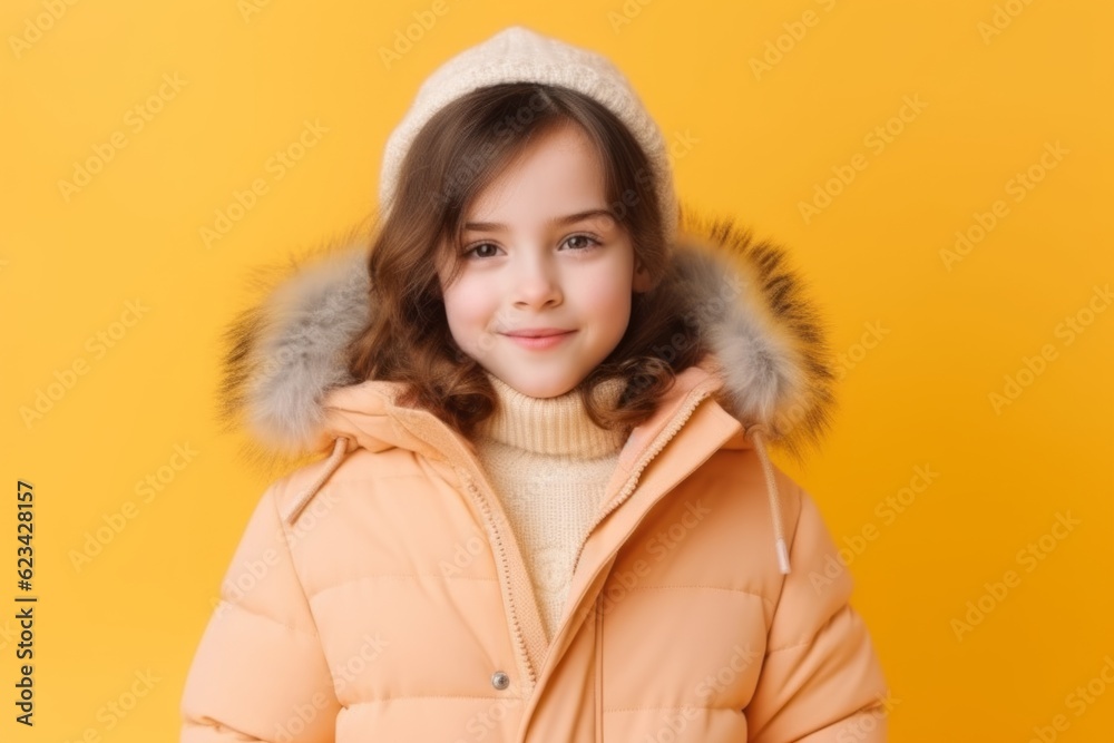 Medium shot portrait photography of a satisfied kid female wearing a cozy winter coat against a pastel yellow background. With generative AI technology Medium shot portrait photography of a satisfied kid female wearing a cozy winter coat against a pastel yellow background. With generative AI technology
